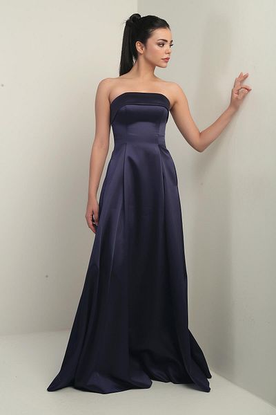 By Saygı Women's Strapless Lined Long Satin Evening Dress with Pockets