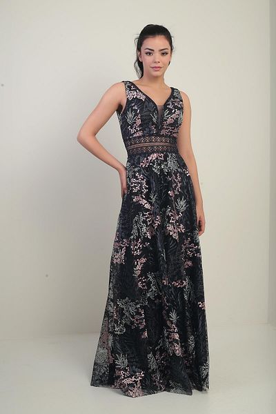 By Saygı Women's V-Neck Thick Strap Low Waist Embroidered Long Flared Dress
