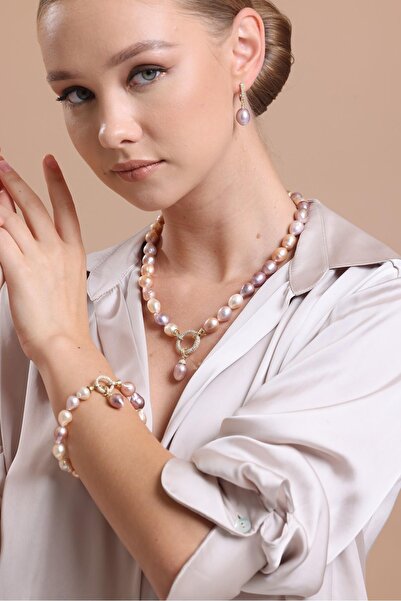 Birinci 925 Ayar Gümüş Halka Kilitli Multicolor Doğal Barok İnci Küpe Kolye B...