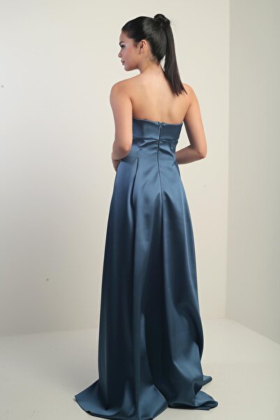 By Saygı Women's Strapless Lined Long Satin Evening Dress with Pockets