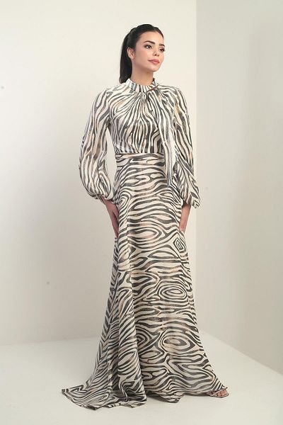 By Saygı Women's Scarf Detailed Lined Zebra Patterned Satin Long Dress