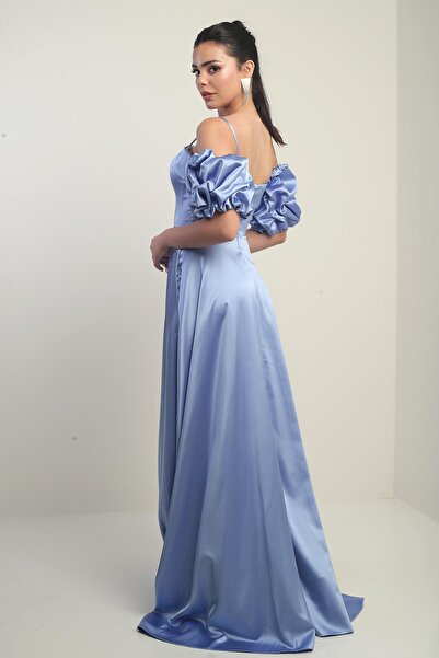 By Saygı Women's Thin Strap Lined Fake Sleeves Long Satin Dress with Pockets