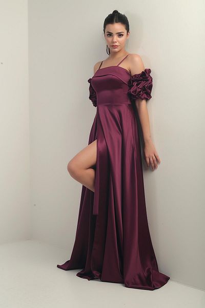 By Saygı Women's Thin Strap Lined Fake Sleeves Long Satin Dress with Pockets