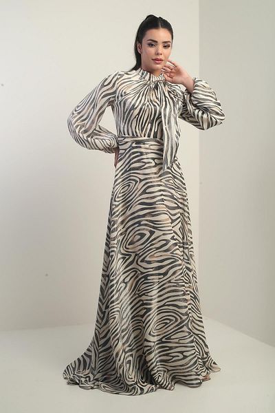 By Saygı Women's Scarf Detailed Lined Zebra Patterned Satin Long Dress