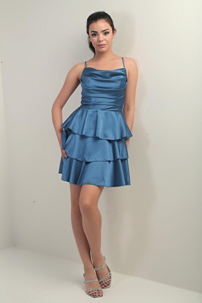 By Saygı Women's Rope Strap Back Lace up Skirt Layered Satin Short Dress