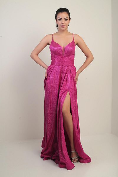 By Saygı Lined Glitter Long Evening Dress with Rope Straps