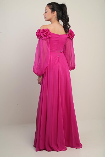 By Saygı Women's Floral Madonna Collar Belted Lined Chiffon Long Dress