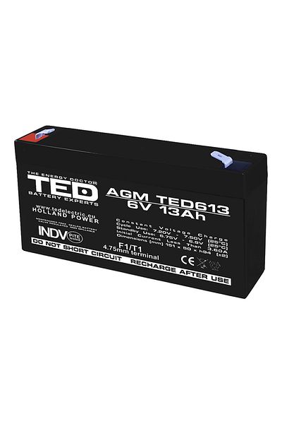 TED Electric Baterie 6V 13Ah VRLA AGM Stationara TED Electric, Echipamente Medicale, 151 x 50 x 95 mm, TED613
