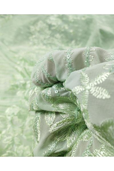 Kumaş Parça Embroidered Chiffon in Mint Green Color (Width 140 cm X Length 320 cm)