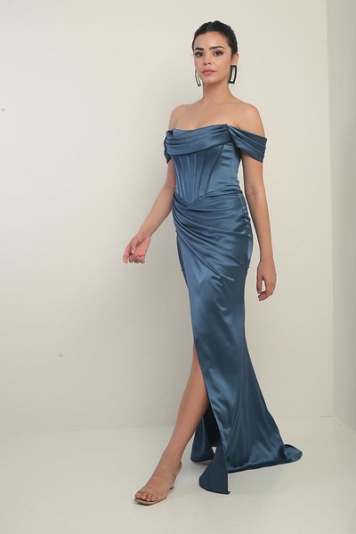 By Saygı Women's Strapless Low Sleeve Lined Underwire Satin Long Dress