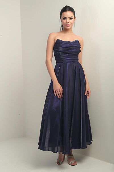 By Saygı Women's Degaje Strapless Neckline Lined Organza Satin Midi Dress