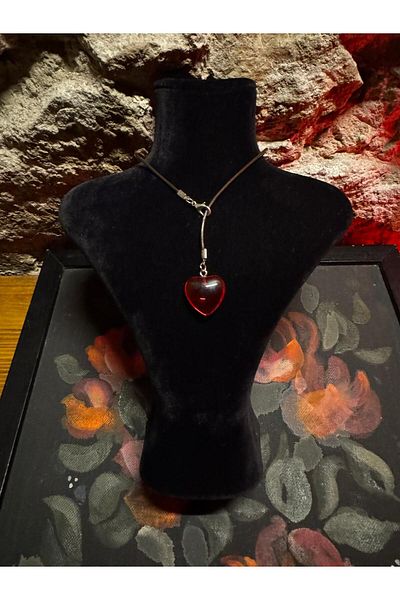 LAİKA Red Heart Detailed Real Leather Drawstring Y Necklace 60 cm