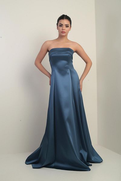 By Saygı Women's Strapless Lined Long Satin Evening Dress with Pockets
