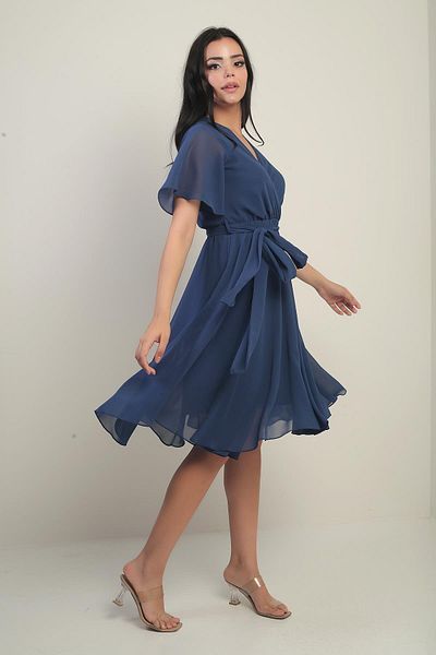 By Saygı Women's Double Breasted Neckline Flounce Sleeves Lined Chiffon Dress