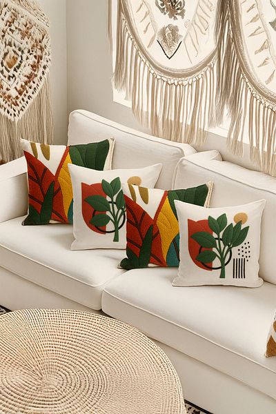 Bertille Home Set de 4 huse de pernă cu imprimare digitală dublă (aspect de broderie cu model de puncție)