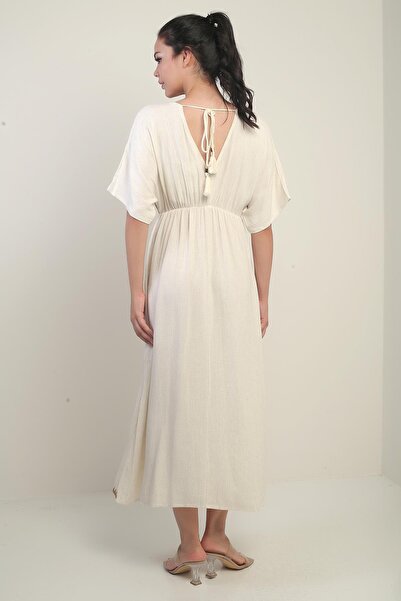 By Saygı Women's Double Breasted Collar Lace-Up Back Embroidered Long Dress