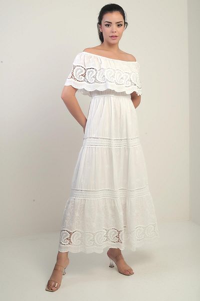 By Saygı Women's Madonna Collar Lined Lace Detailed Embroidered Long Dress