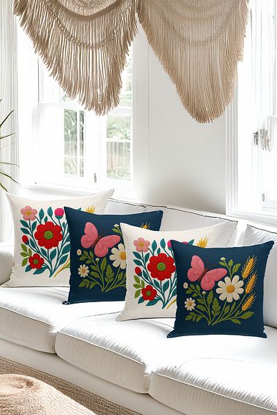 Bertille Home Set de 4 huse de pernă cu imprimare digitală dublă (aspect de broderie cu model de puncție)
