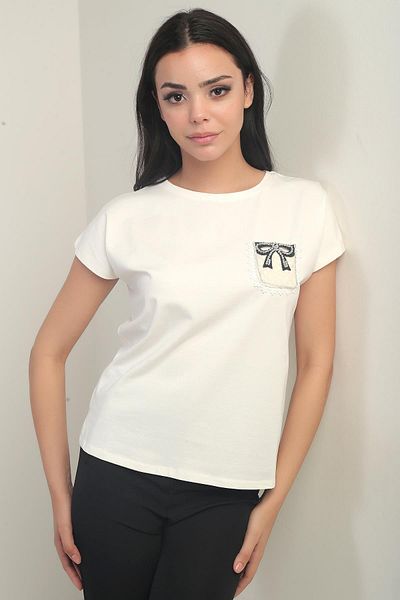 By Saygı Women's Round Neck Short Sleeve Lycra Blouse with Pocket Detail