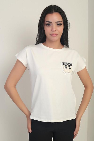 By Saygı Women's Round Neck Short Sleeve Lycra Blouse with Pocket Detail