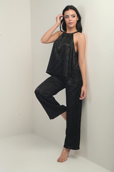 By Saygı Women's Thin Strap Blouse Elastic Waist Pocket Palazzo Pants Geometric Pattern Satin 2-Piece Suit