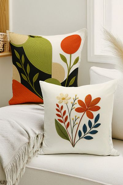 Bertille Home Double Side Digital Printed Set of 4 Throw Pillow Covers (Punch/Punch Embroidery Pattern Look)