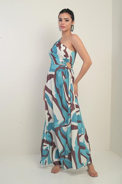 By Saygı Women's One Shoulder Side Window Abstract Pattern Long Crepe Satin Dress