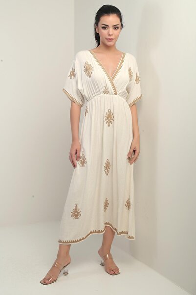 By Saygı Women's Double Breasted Collar Lace-Up Back Embroidered Long Dress