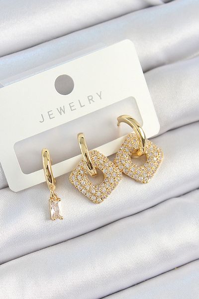 Toptan Bulurum Brass Zircon Stone Square Model Gold Color 3-Piece Double Women's Earring Set