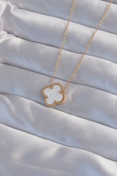 NETWORK ART Bfs 316L Steel Gold Color White Pearlescent Clover Necklace