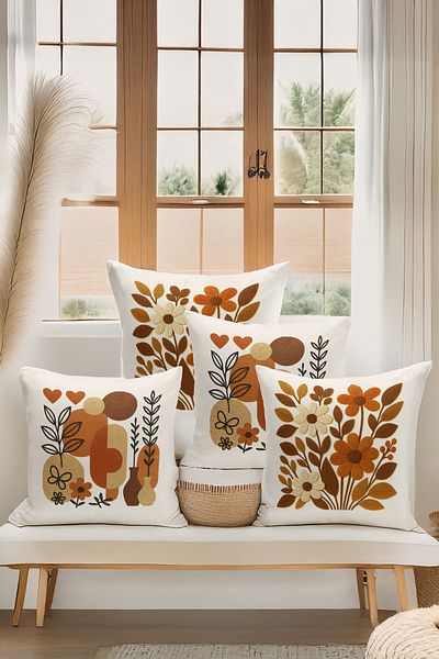 Bertille Home Double Side Digital Printed Set of 4 Throw Pillow Covers (Punch/Punch Embroidery Pattern Look)