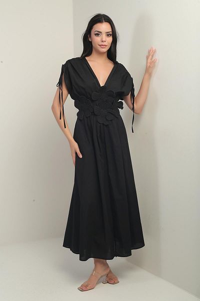 By Saygı Women's Front Back V Neck Sleeves Shirring Floral Applique Embroidery Long Dress