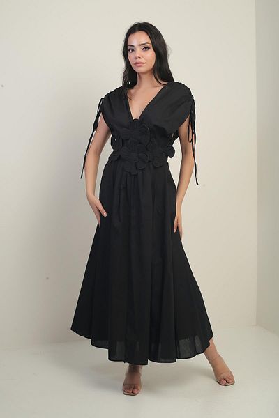 By Saygı Women's Front Back V Neck Sleeves Shirring Floral Applique Embroidery Long Dress
