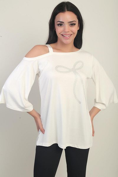 By Saygı Women's One Shoulder Bow Stone Printed Lycra Blouse