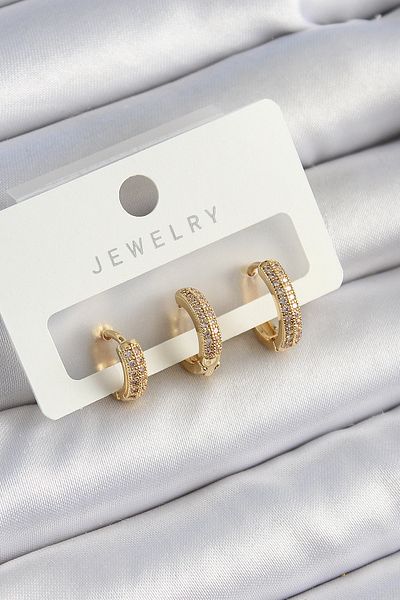 Toptan Bulurum Brass Zircon Stone Star Model Gold Color 3-Piece Double Women's Earring Set