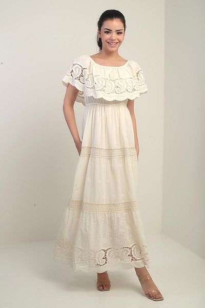By Saygı Women's Madonna Collar Lined Lace Detailed Embroidered Long Dress
