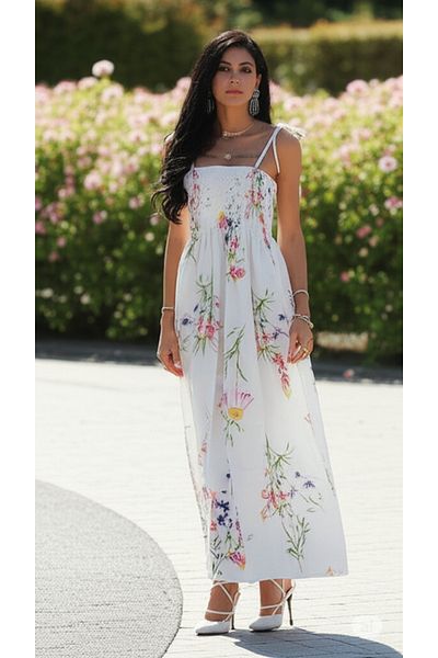 Modabenna Long Summer Dress with Rope Strap Chest Part Gipeli Midi Cotton Linen Comfortable Loose