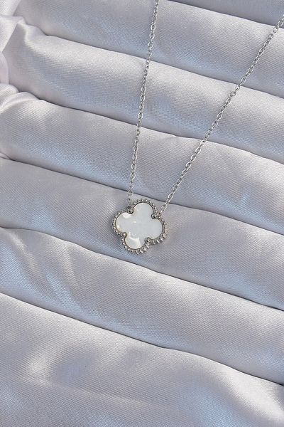 NETWORK ART Bfs 316L Steel Silver Color White Pearlescent Clover Necklace