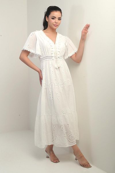 By Saygı Women's V-Neck Front Tassel Lined Long Fisto Dress