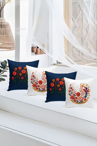 Bertille Home Set de 4 huse de pernă cu imprimare digitală dublă (aspect de broderie cu model de puncție)