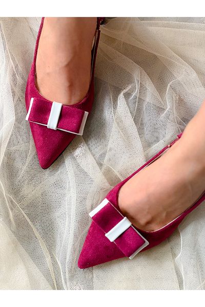 BERFONA Pari̇ Bordo Cow Suede Bow 5 cm Heel Sandals Shoes