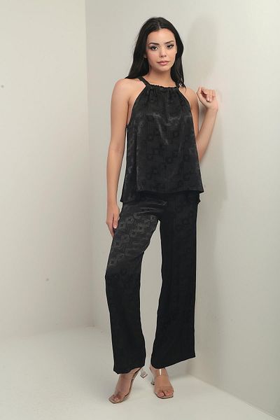 By Saygı Women's Thin Strap Blouse Elastic Waist Pocket Palazzo Pants Geometric Pattern Satin 2-Piece Suit