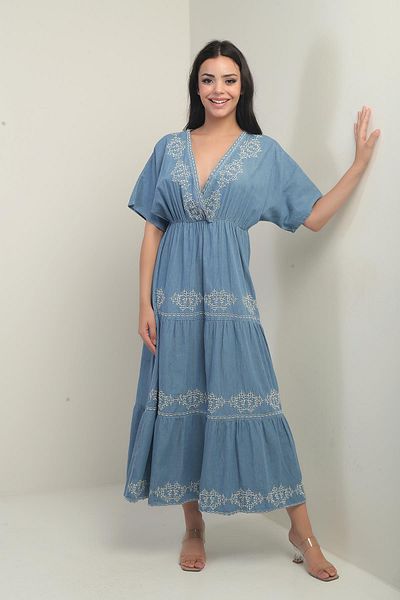 By Saygı Women's Double Breasted Collar Lace up Back Elastic Waist Bat Sleeve Embroidered Long Dress