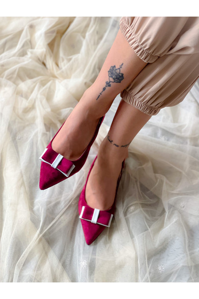 BERFONA Pari̇ Bordo Cow Suede Bow 5 cm Heel Sandals Shoes
