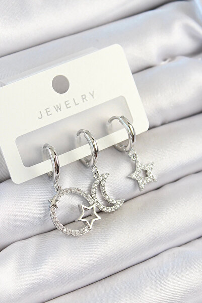 Belle Fusion BFS نحاس زركون حجر القمر والنجمة نموذج فضي اللون 3 قطع زوج من ال...