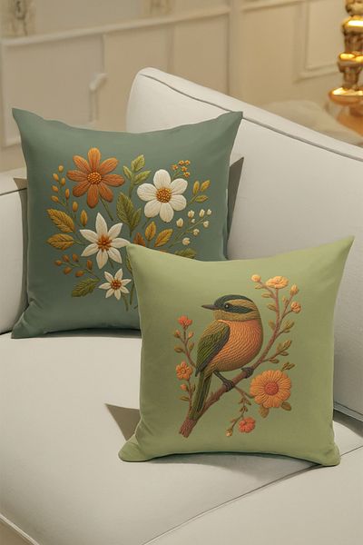 Bertille Home Double Side Digital Printed Set of 4 Throw Pillow Covers (Punch/Punch Embroidery Pattern Look)