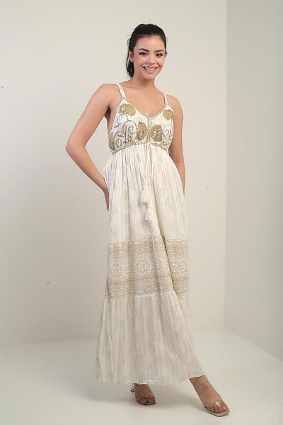 By Saygı Women's Thread Strap V Neck Back Gipeli Lined Glitter Embroidered Shawl Patterned Pocketed Flush Jacquard Dress