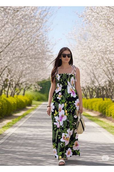 Modabenna Long Summer Dress with Rope Strap Chest Part Gipeli Midi Cotton Linen Comfortable Loose