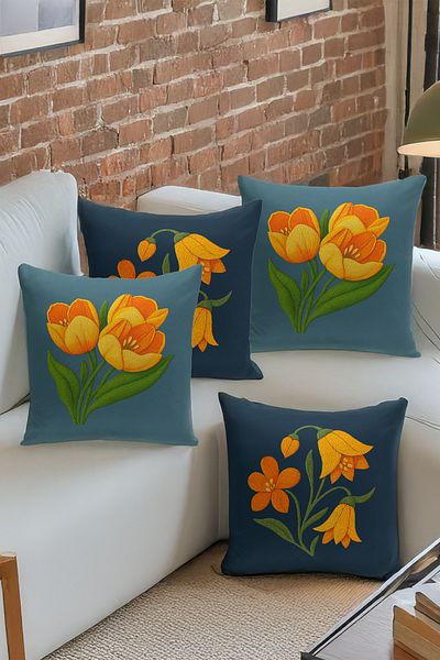 Bertille Home Double Side Digital Printed Set of 4 Throw Pillow Covers (Punch/Punch Embroidery Pattern Look)