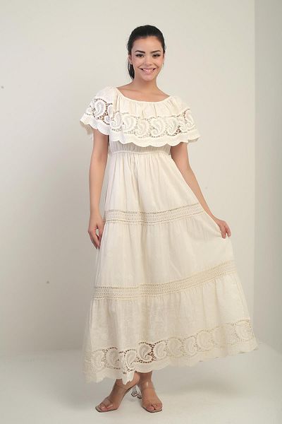 By Saygı Women's Madonna Collar Lined Lace Detailed Embroidered Long Dress